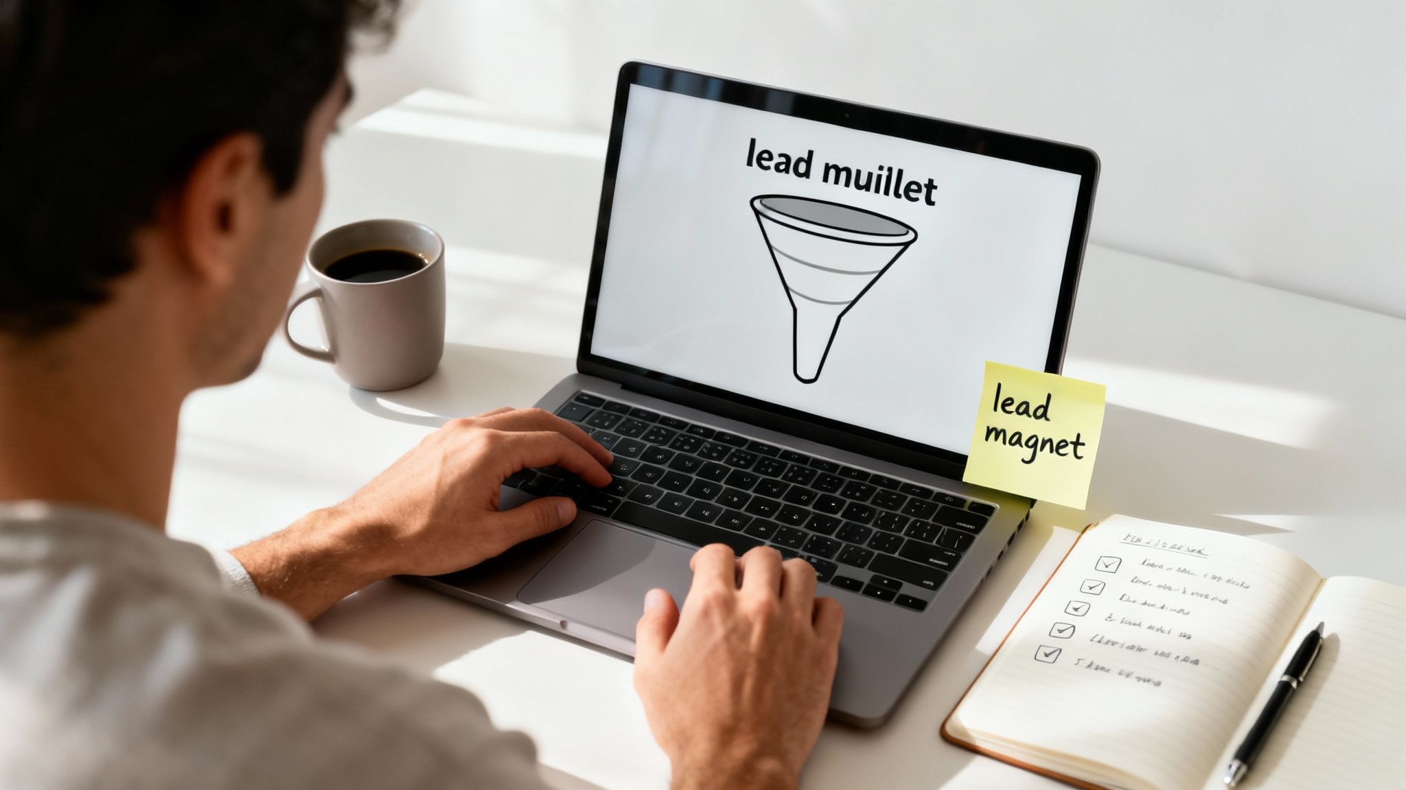 A person works on a laptop showing a marketing lead funnel graphic, with a 'lead magnet' sticky note.