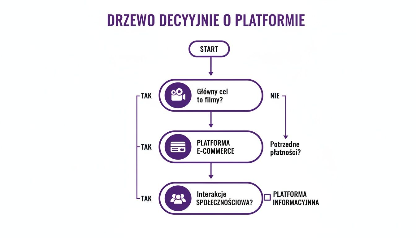 Schemat blokowy przedstawiający drzewo decyzyjne wyboru platformy internetowej, z pytaniami o cel i funkcje.