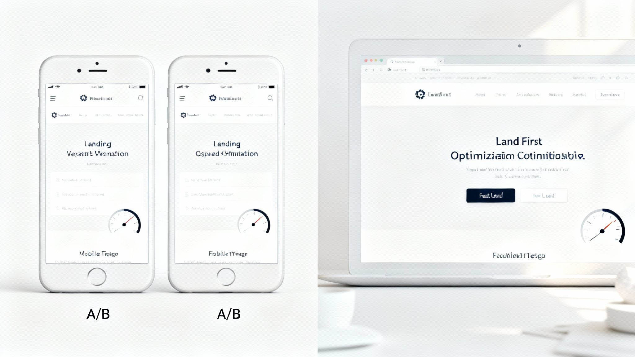A/B test on mobile phones and laptop displaying landing page optimization with speed gauges.