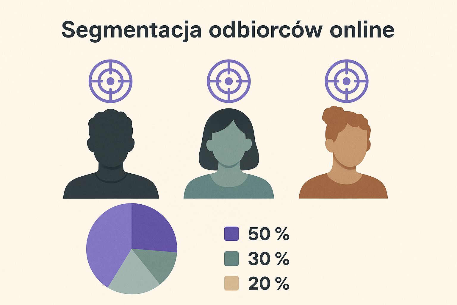 Infografika przedstawiająca proces segmentacji odbiorców kursów online, z sylwetkami różnych typów uczniów i ikonami celów nad nimi.