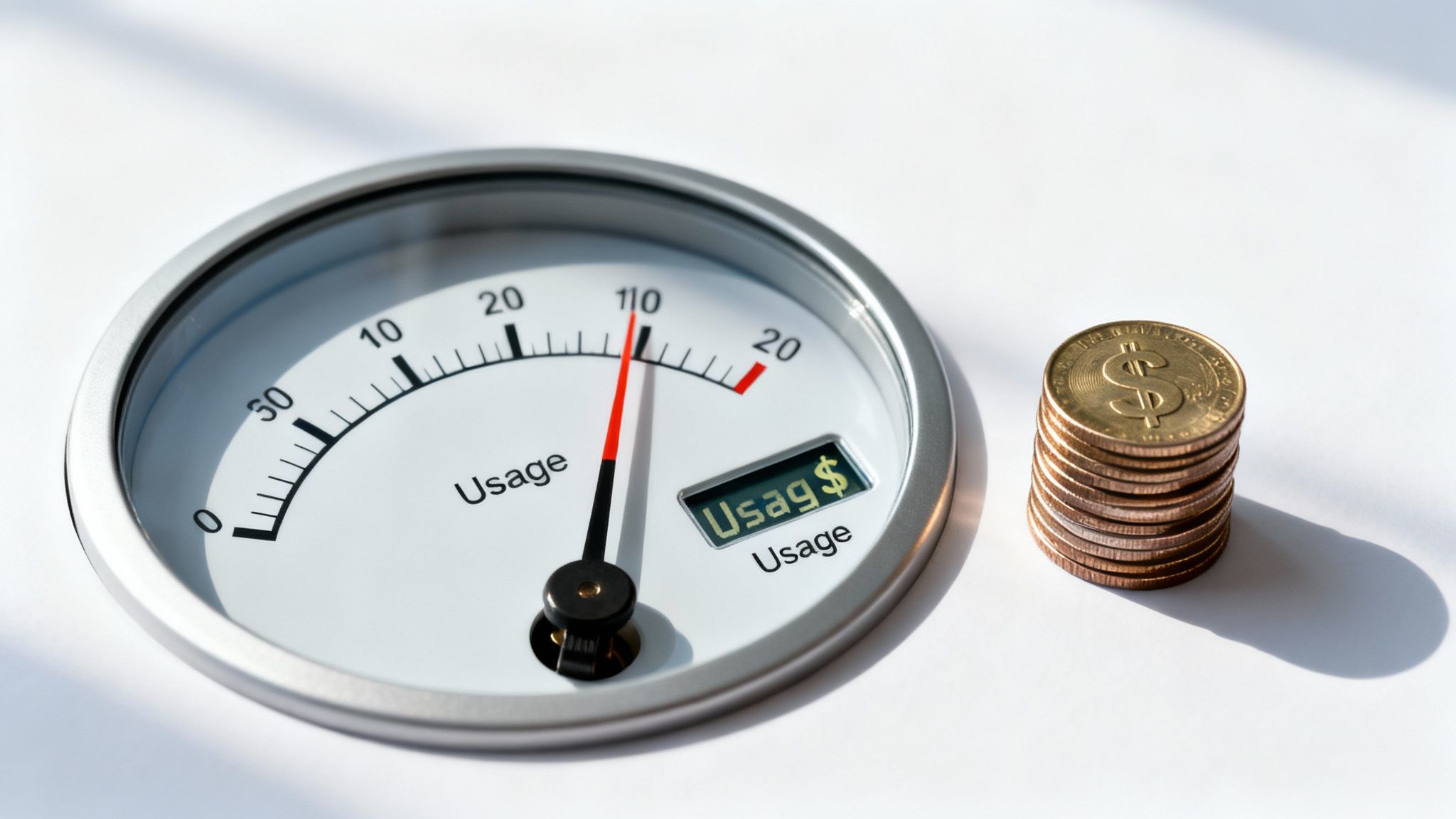 A usage meter showing high usage (110) and cost, next to a stack of dollar coins.