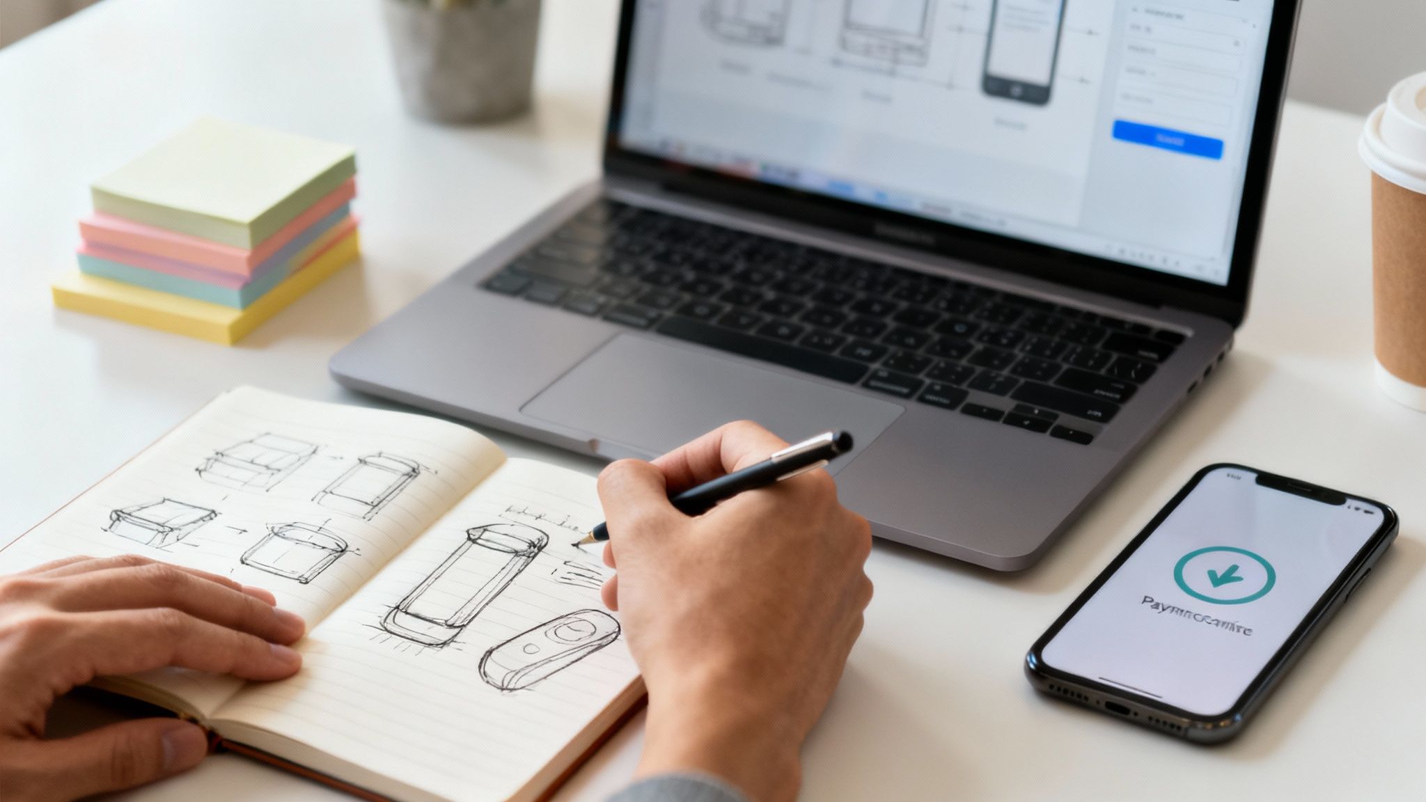 Osoba szkicuje projekty w notatniku na białym biurku, obok laptop, smartfon i karteczki samoprzepylne.
