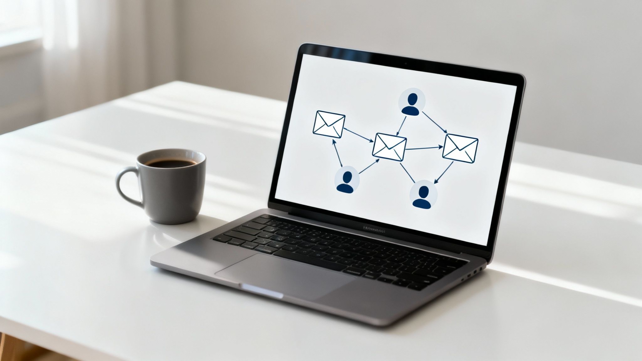 Laptop on a desk showing an email and user network diagram, with a coffee cup beside it.