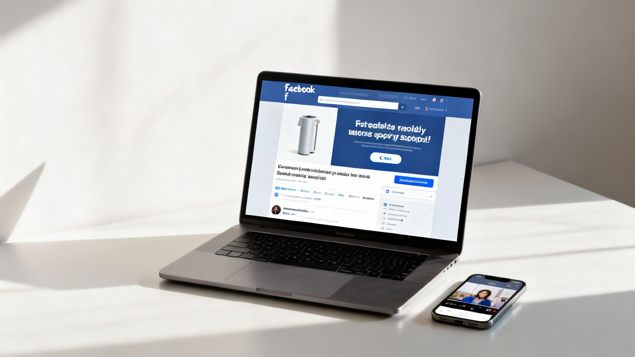 Osoba tworząca angażujące treści sprzedażowe na Facebooku, otoczona ikonami wideo, zdjęć i tekstu.