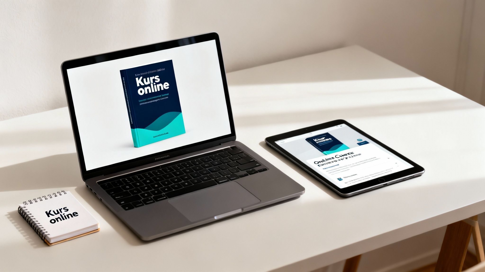 Laptop, tablet i notatnik na białym biurku, wszystkie z napisem Kurs online. Ilustracja cyfrowej nauki i kursów online.