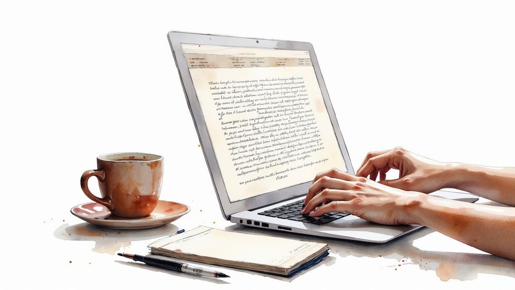 An organized desk with a laptop displaying a sales page, a credit card, and an ebook cover.