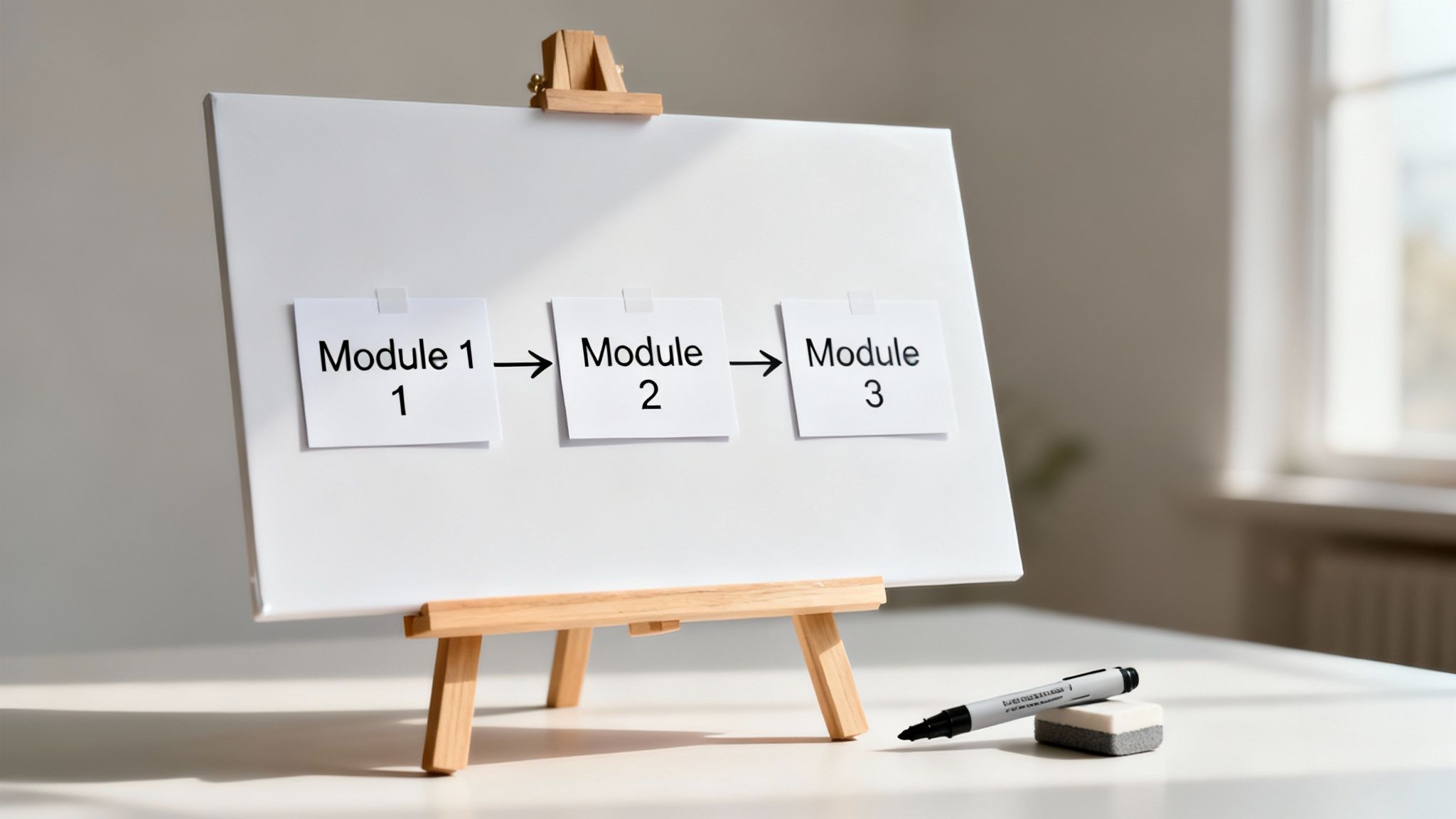 A person sitting at a desk with a microphone and laptop, recording content for an online course, illustrating the creation of course materials.