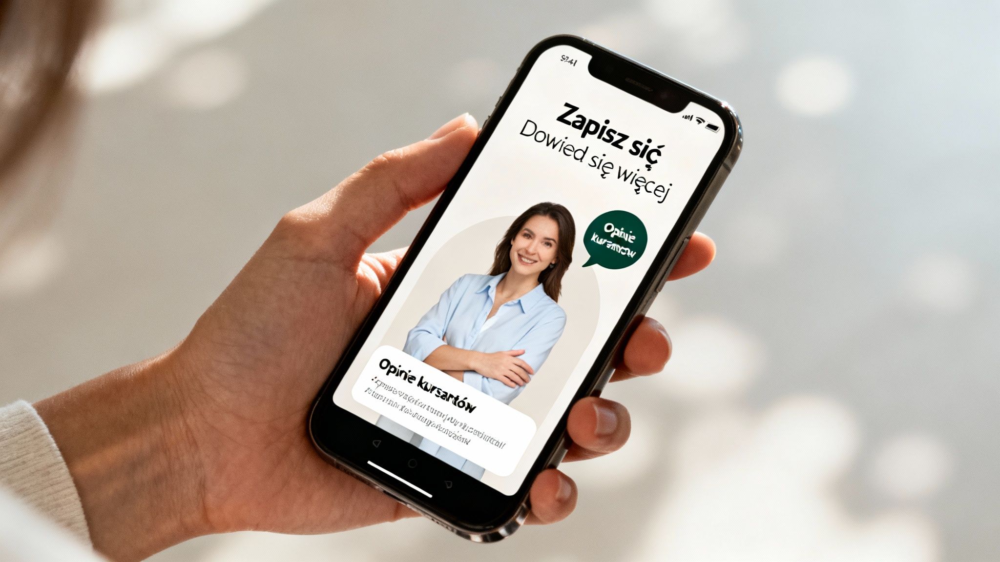 Dłoń trzymająca smartfon z otwartą aplikacją wyświetlającą opcje zapisu i opinie kursantów.