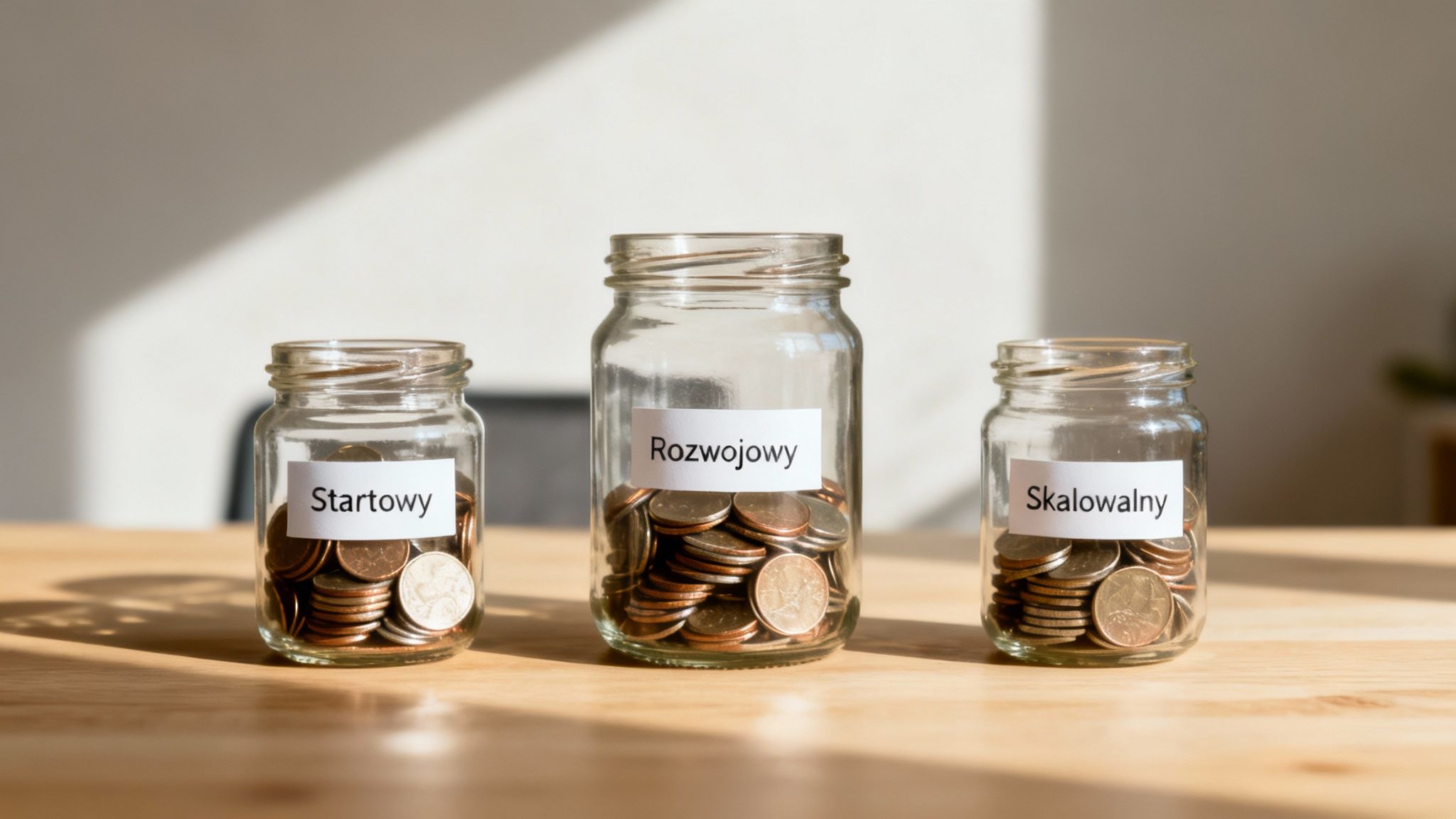 Trzy słoiki z monetami oznaczone etykietami Startowy, Rozwojowy i Skalowalny reprezentujące budżety reklamowe