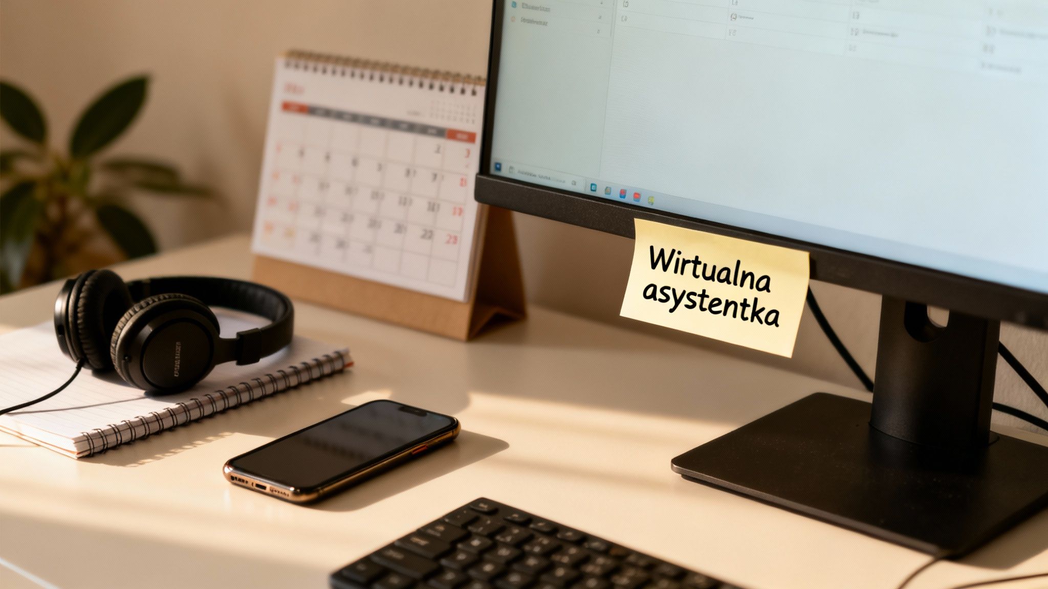 Biurko z komputerem, słuchawkami, smartfonem i kalendarzem, na monitorze karteczka z napisem 'Wirtualna asystentka'.