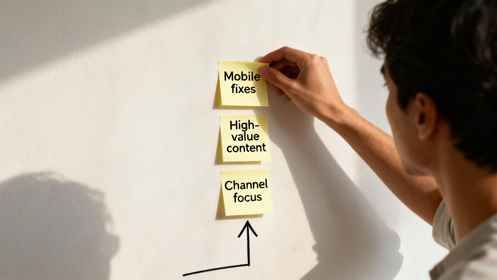 Person places 'Mobile fixes' sticky note above 'High-value content' and 'Channel focus' on a wall.
