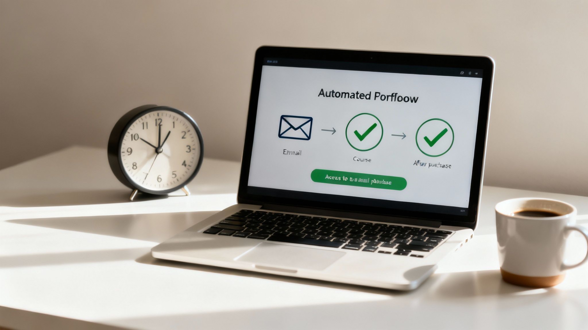 Osoba pracująca przy laptopie, otoczona ikonami symbolizującymi automatyzację i oszczędność czasu