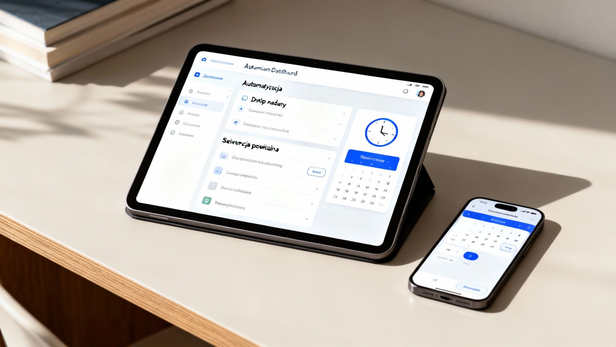 Tablet i smartfon z otwartymi aplikacjami kalendarza i dashboardu na biurku, obok książek.