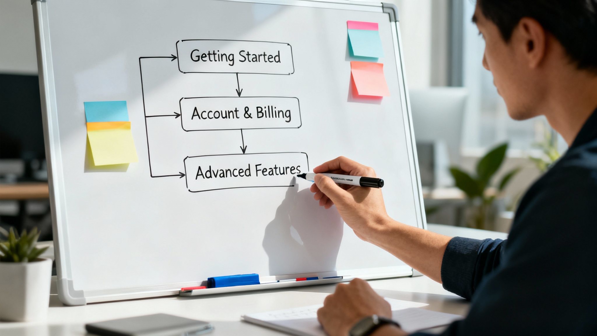 A man draws a flowchart on a whiteboard, outlining steps like 'Getting Started' and 'Advanced Features'.