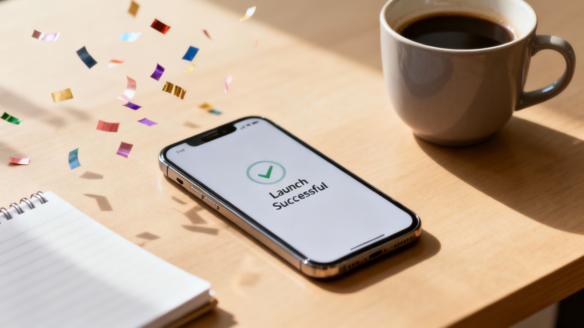 Close-up of a smartphone displaying 'Launch Successful' with falling confetti, a coffee, and a notebook.