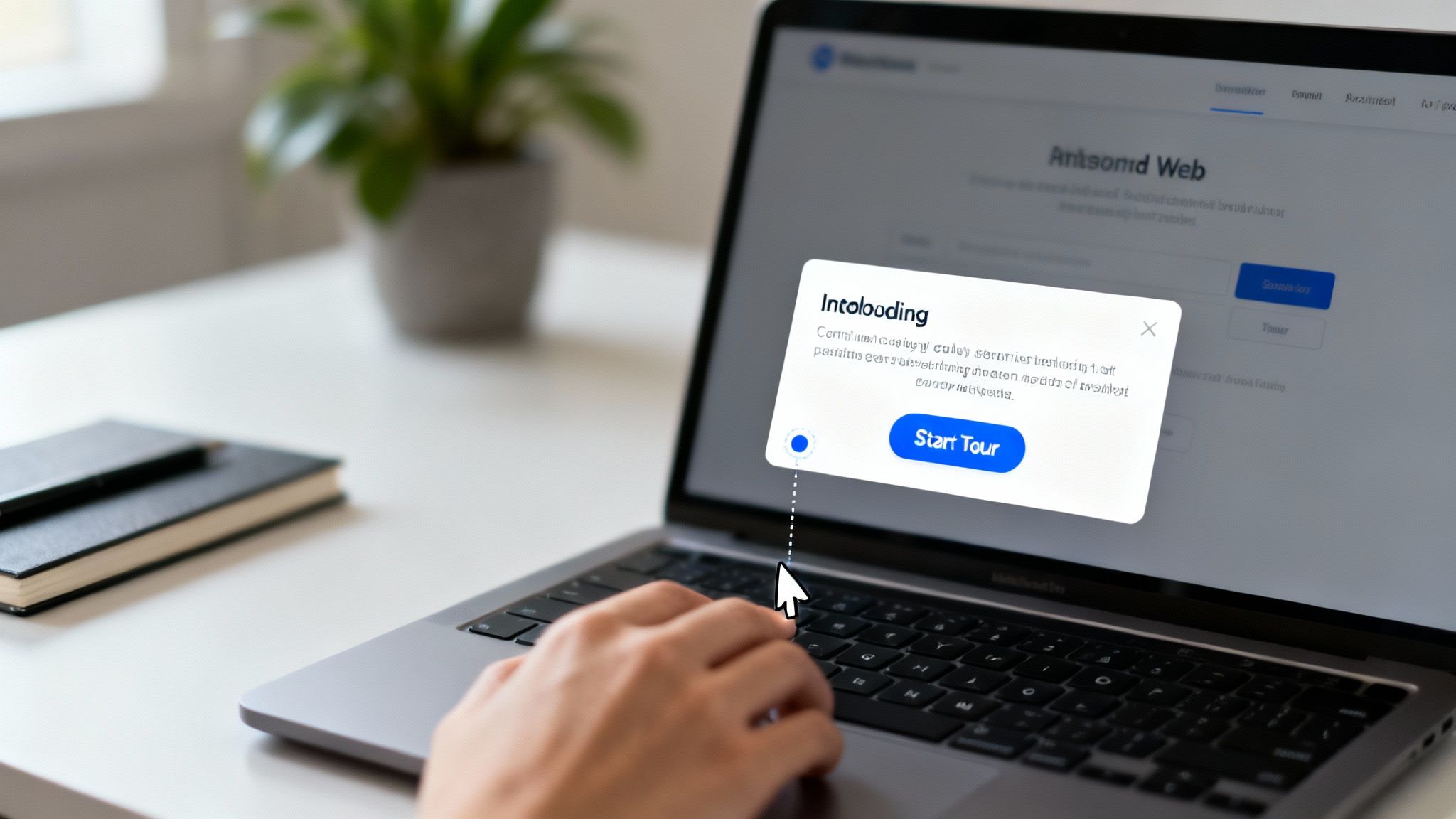 Hands on a laptop displaying a 'Start Tour' user onboarding pop-up on a web application.