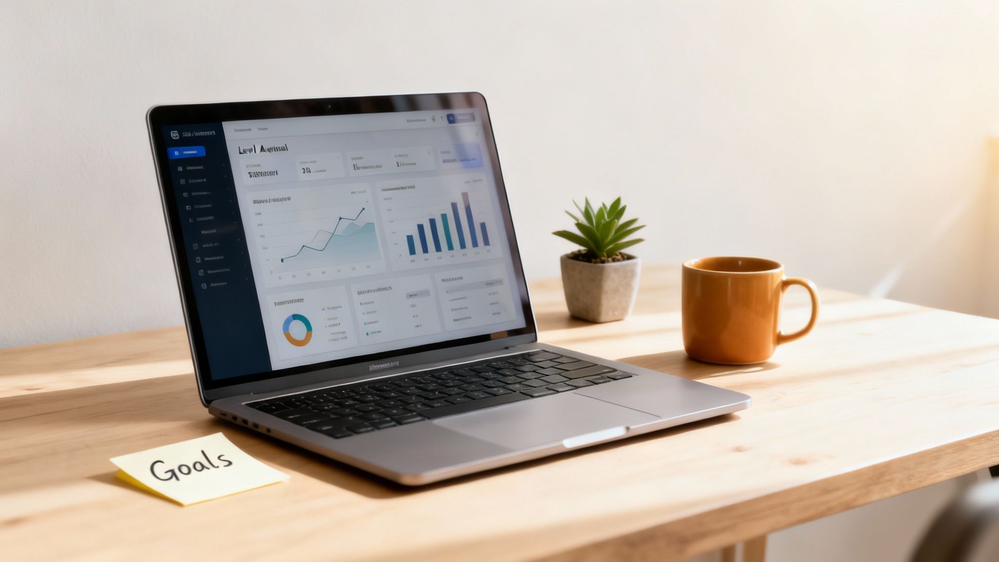 Laptop on a wooden desk shows data analytics dashboard with charts, beside a plant, coffee, and 'Goals' note.