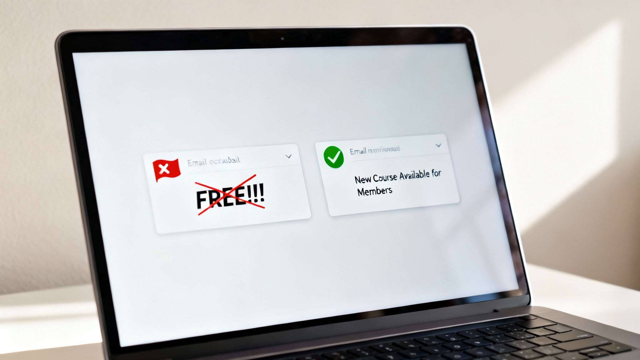 A laptop screen displays successful and unsuccessful email subject lines, highlighting best practices for email marketing.