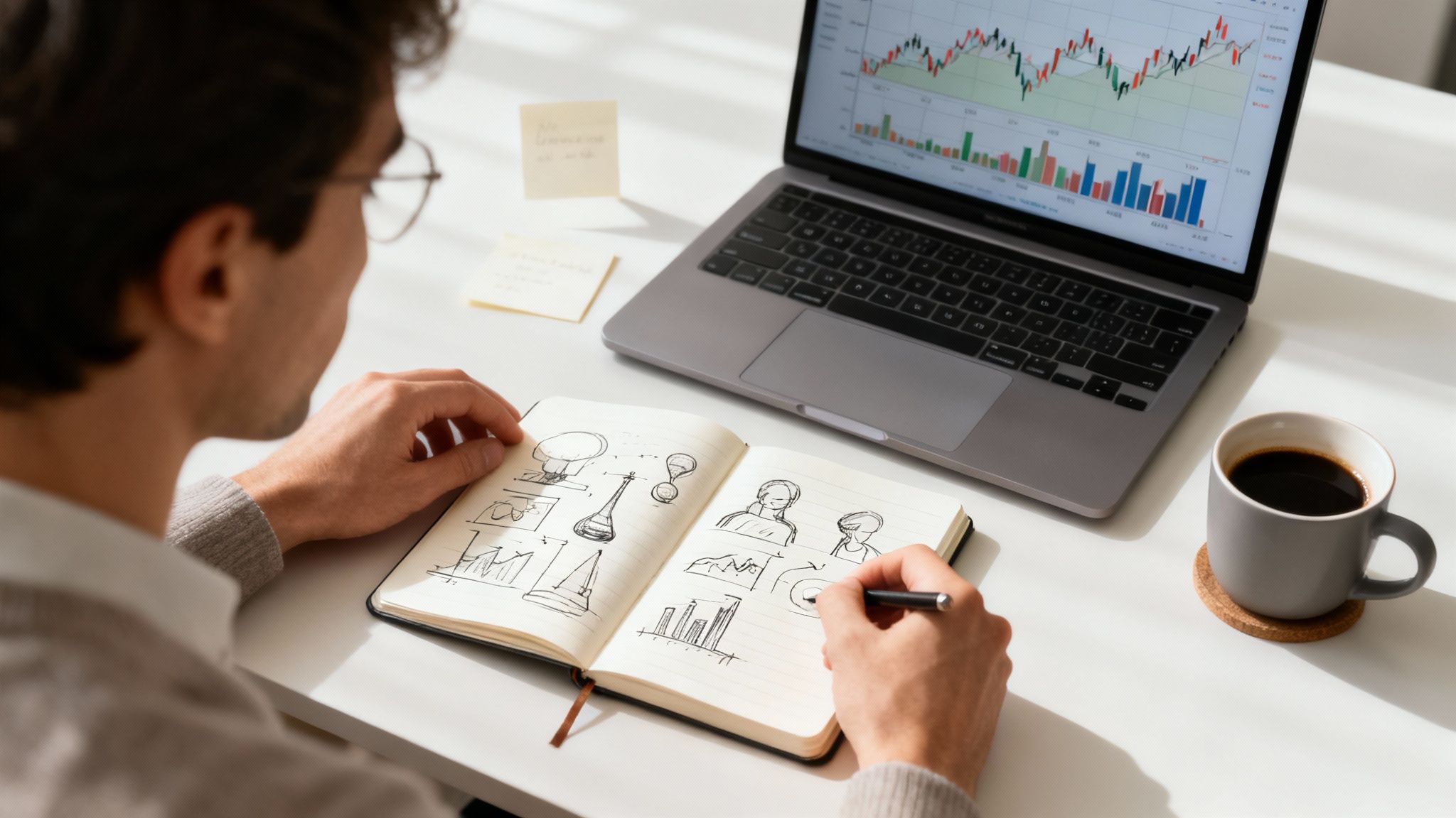 Osoba planująca strategię biznesową na tablicy z notatkami