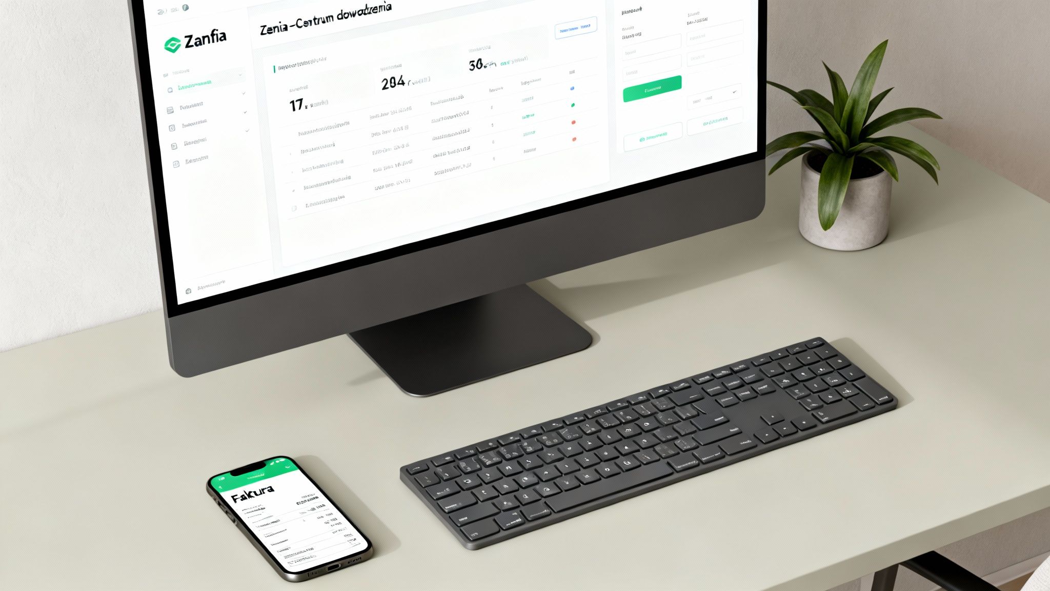 Nowoczesne biurko z komputerem wyświetlającym panel sterowania Zanfia, klawiaturą, smartfonem z fakturą i rośliną.