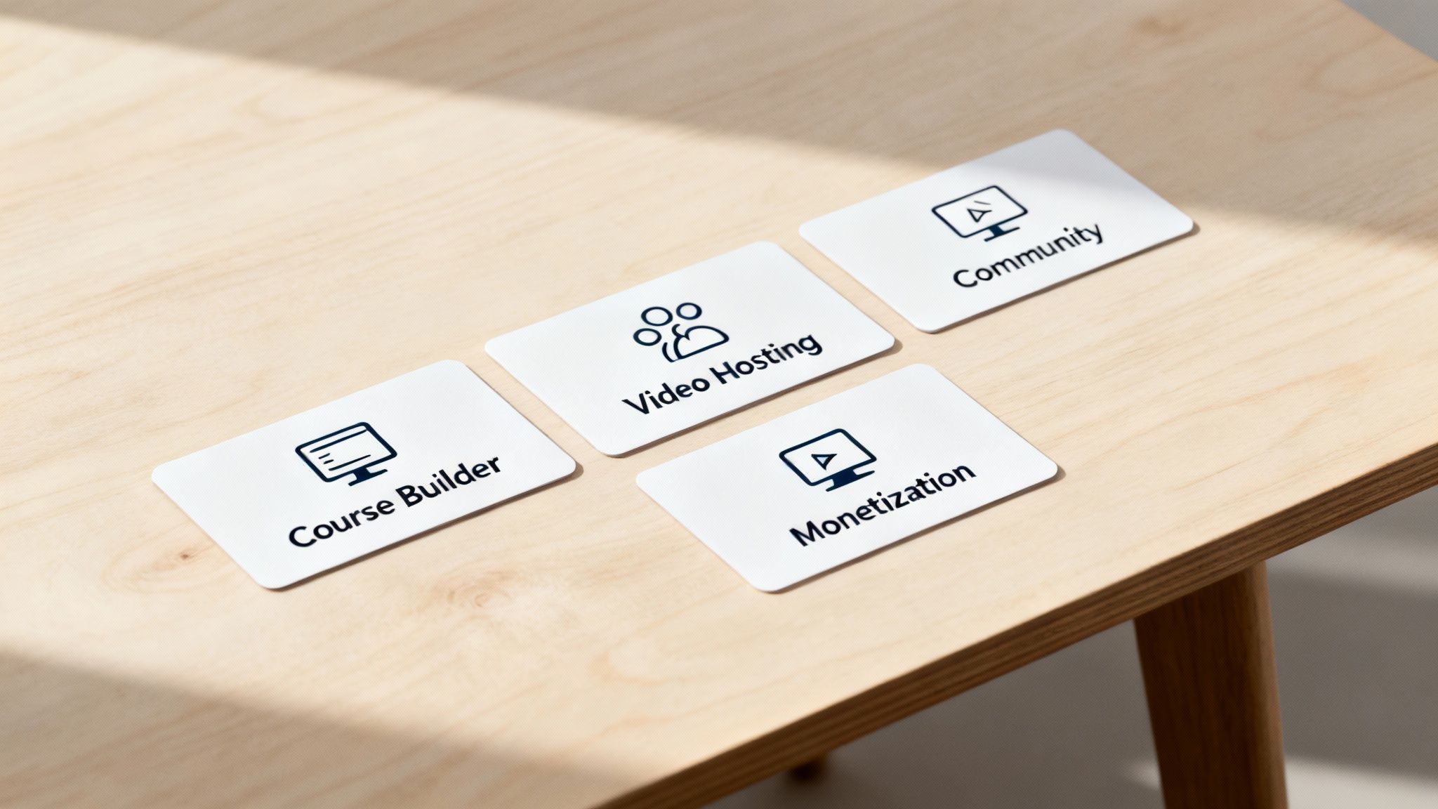 Four white cards displaying online course platform features including course builder, video hosting, monetization and community