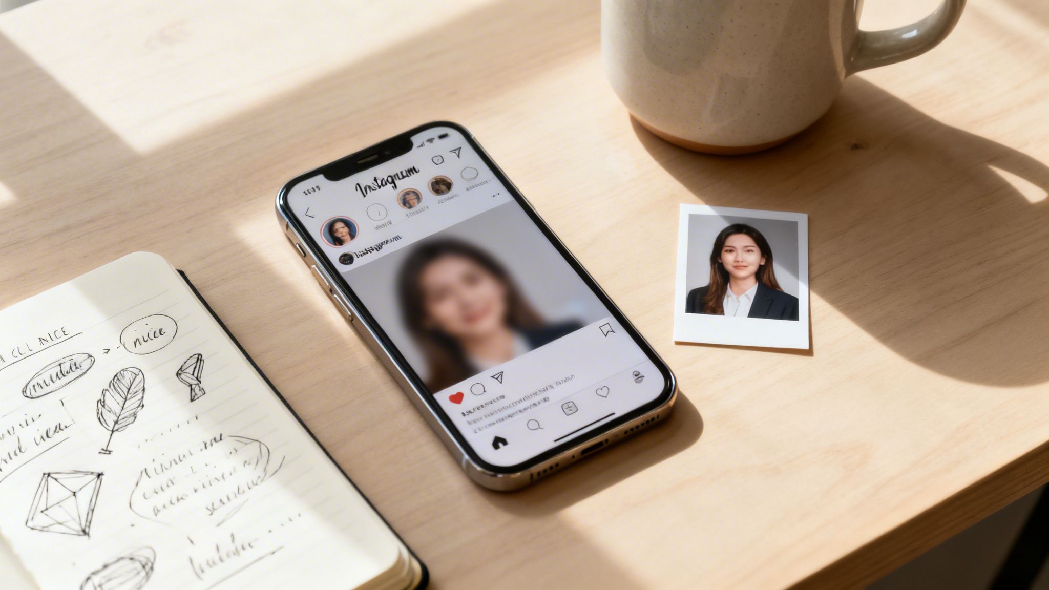 Biurko z telefonem wyświetlającym Instagram, zdjęciem kobiety, kubkiem kawy i notatnikiem z rysunkami.
