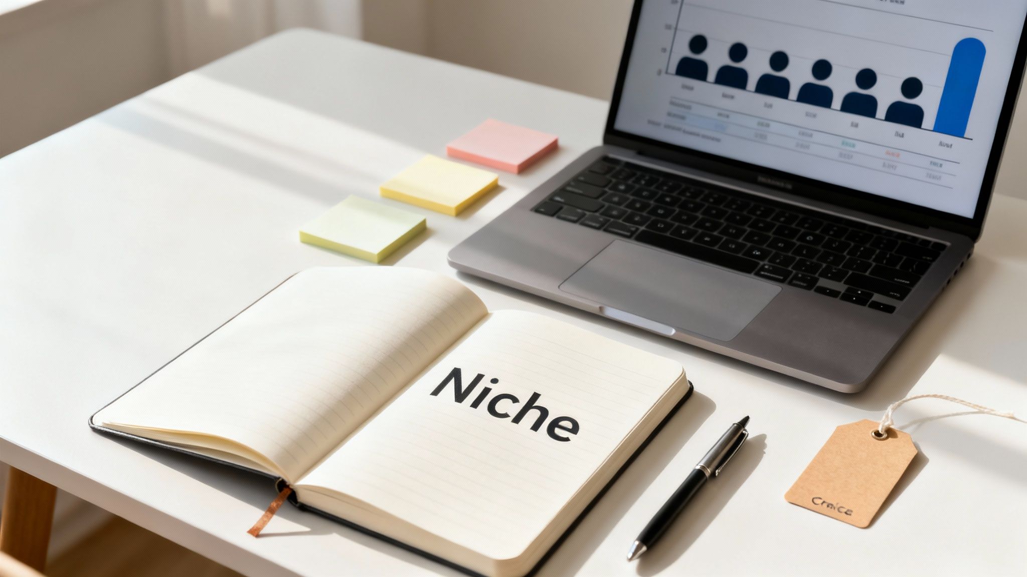 A white desk with a laptop showing a graph, an open notebook with 'Niche', sticky notes, and a pen.