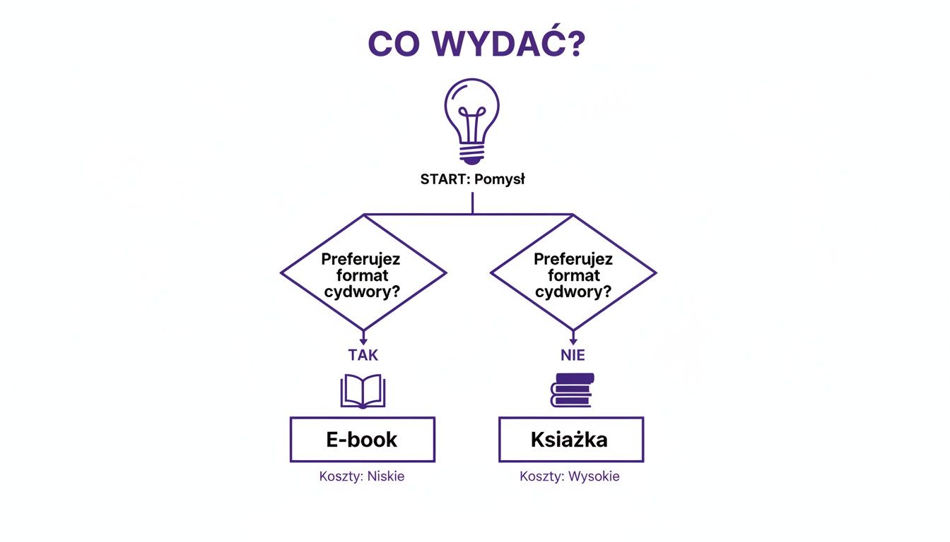 Diagram prezentujący proces wyboru formatu publikacji: e-book czy tradycyjna książka, uwzględniający koszty.