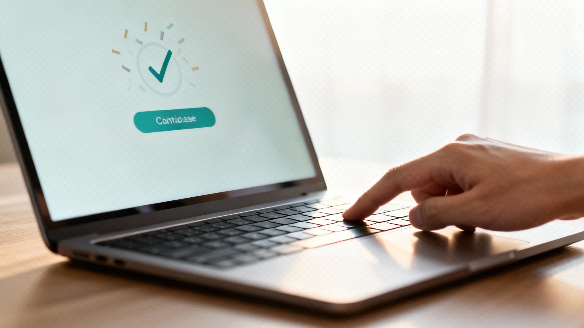 Ręka obsługująca laptop, którego ekran pokazuje zielony znacznik potwierdzenia i przycisk 'Conticiase' po udanej operacji.