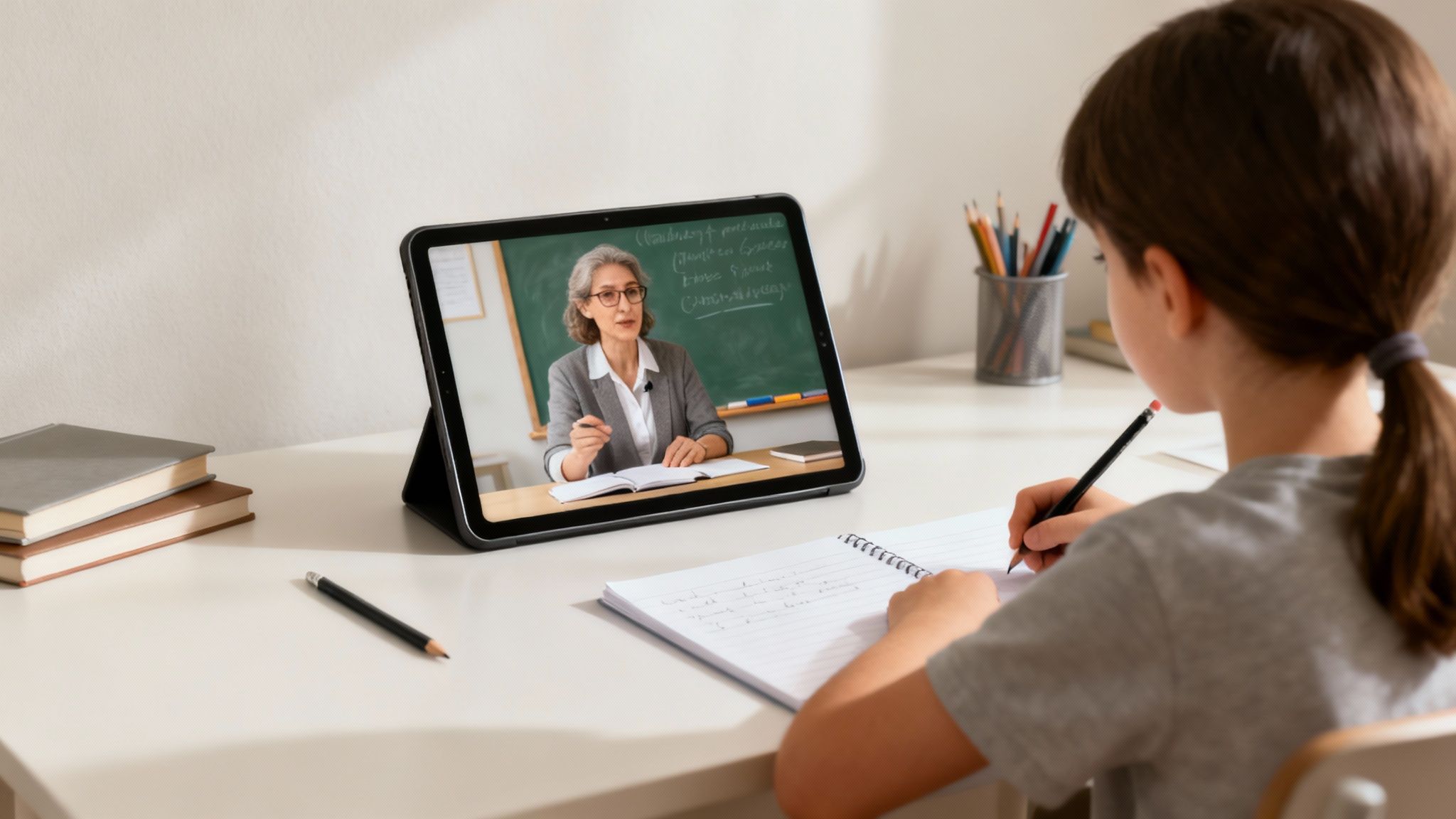 Dziecko uczestniczy w lekcji online z nauczycielem poprzez tablet, robiąc notatki w zeszycie