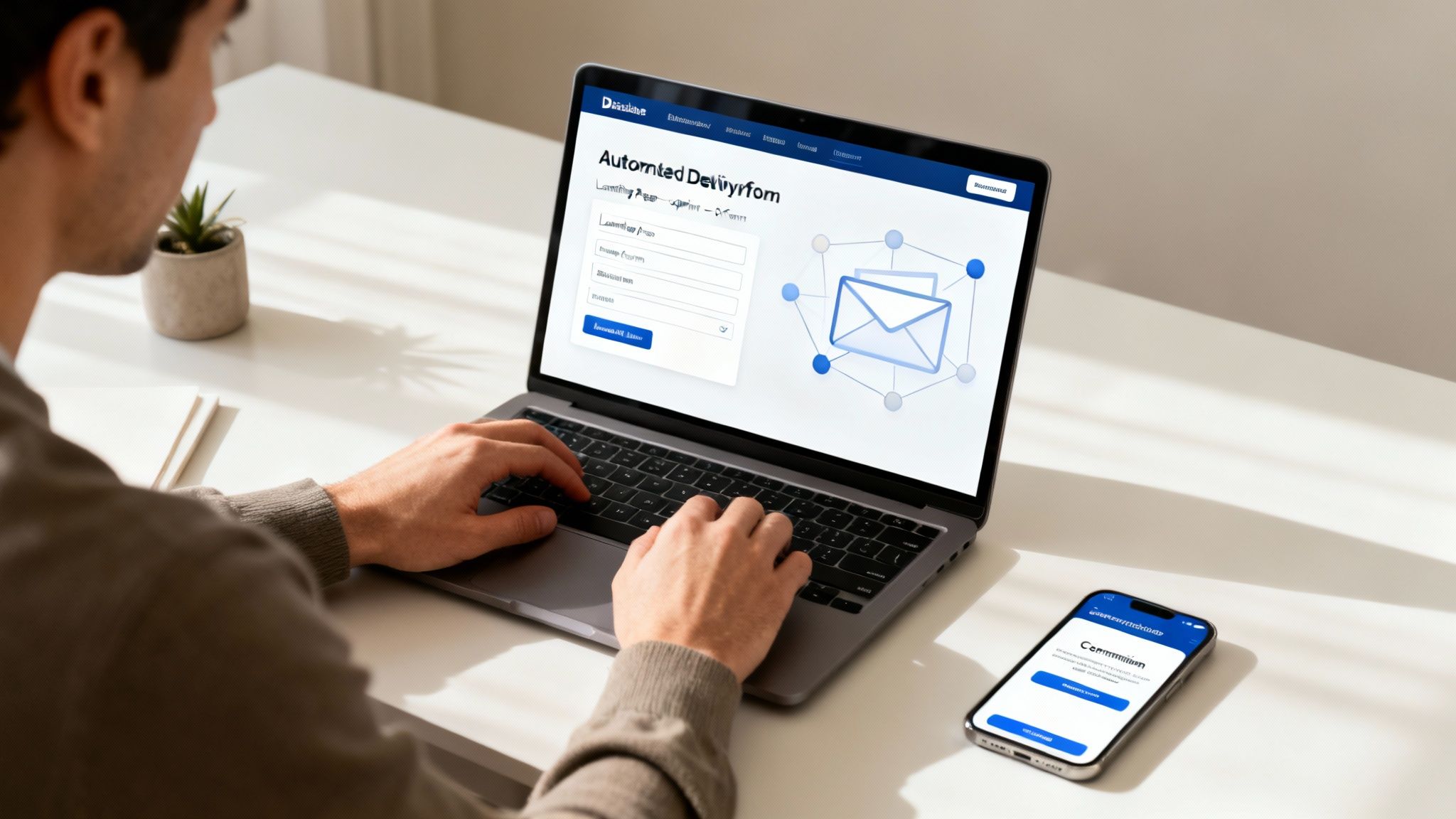 Person typing on a laptop displaying an automated delivery form with a network graphic.
