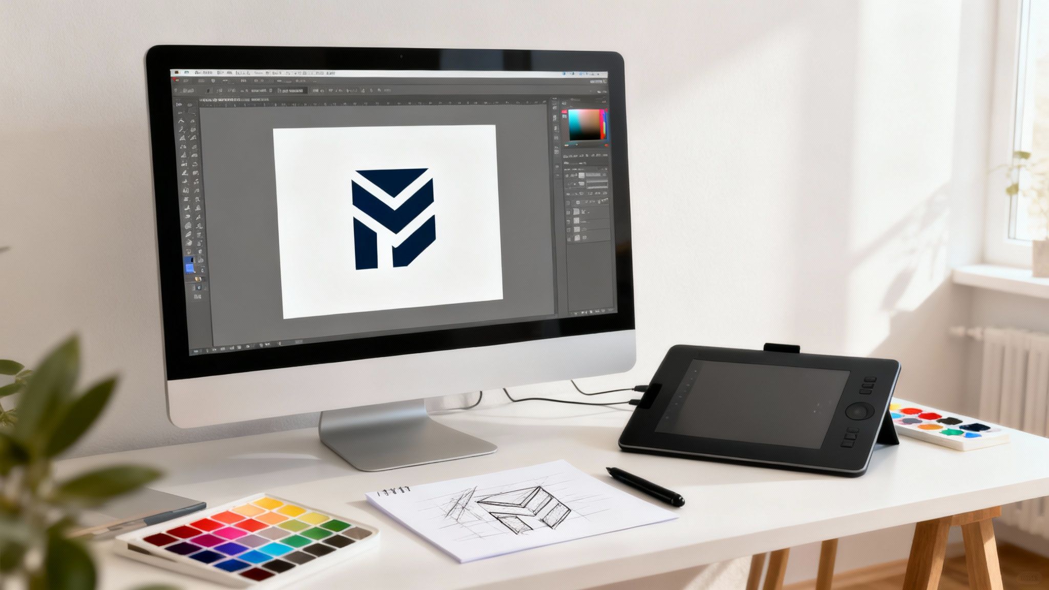 Projektowanie logo na komputerze z tabletem graficznym i szkicami na biurku domowym