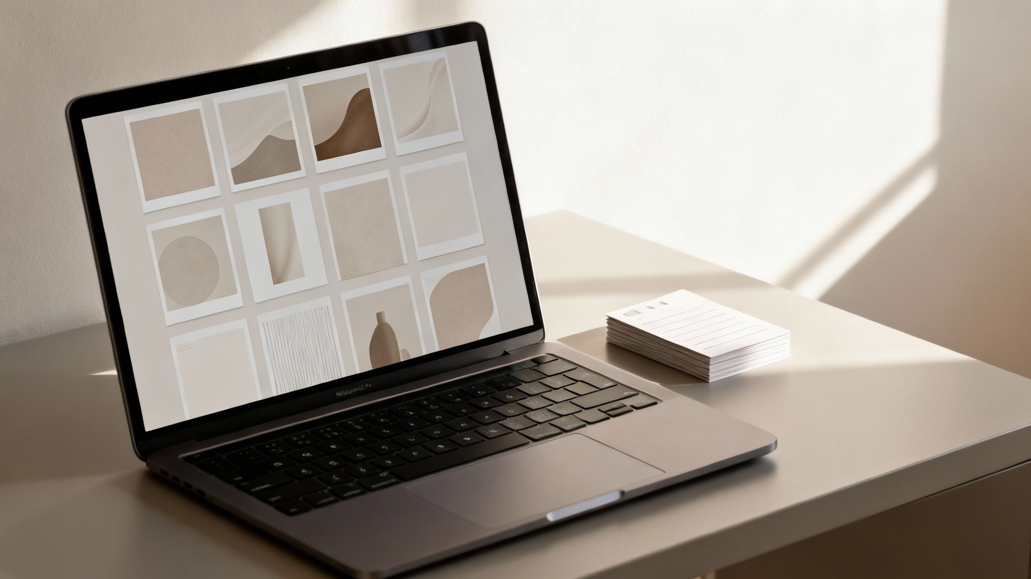 Laptop na biurku z otwartym ekranem wyświetlającym minimalistyczne grafiki, obok stosik karteczek, oświetlone słońcem.