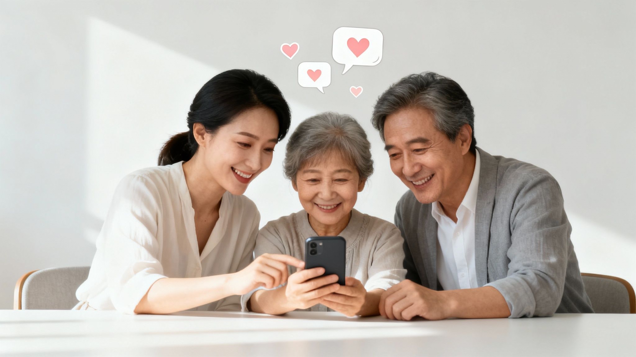 Szczęśliwa rodzina, w tym młoda kobieta i starsza para, ogląda coś na smartfonie, otoczona serduszkami.