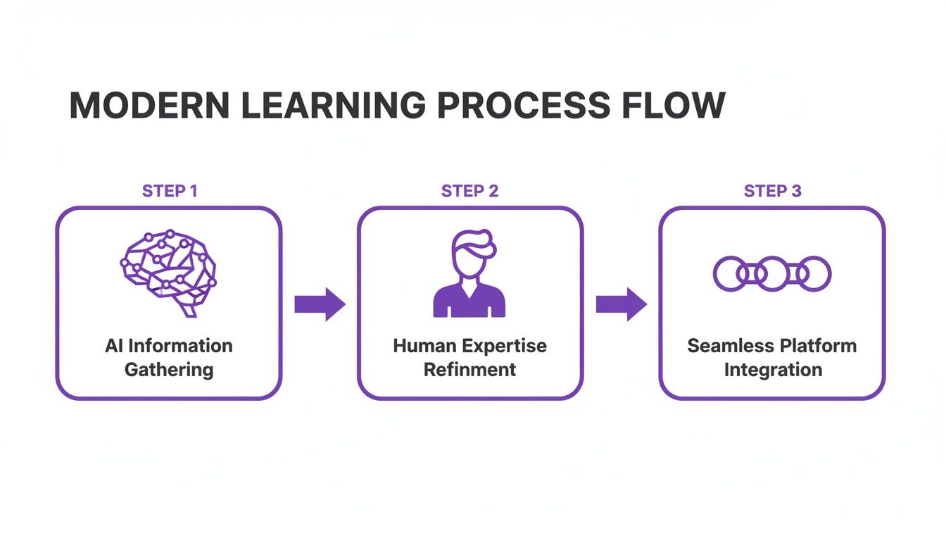 A modern learning process flow showing AI information gathering, human expertise refinement, and seamless platform integration.