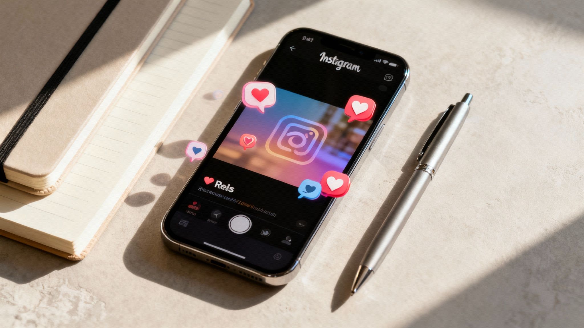 Smartfon w dłoni, na którym wyświetlają się kolorowe relacje i rolki z Instagrama.