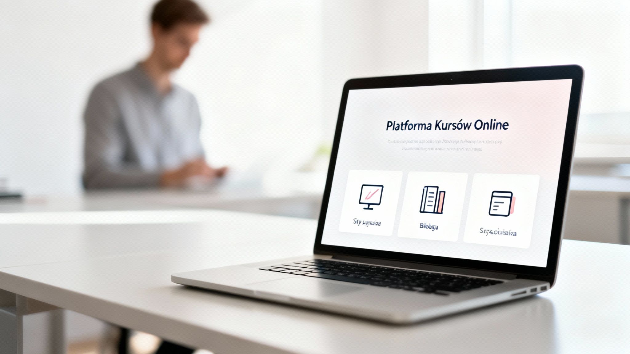 Laptop na białym biurku z otwartą platformą kursów online, z rozmytą postacią pracującą w tle.