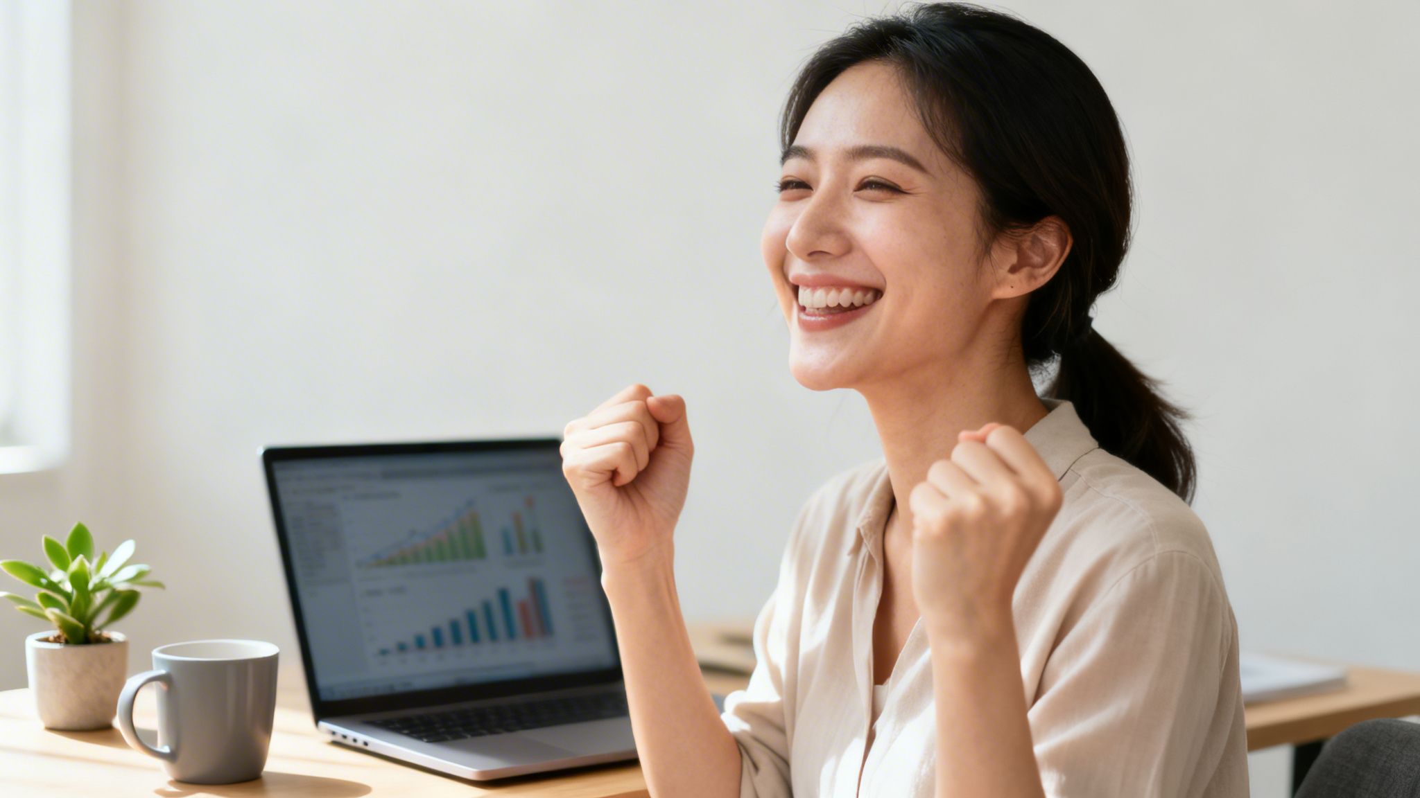 Radosna kobieta zaciśniętymi pięściami celebruje sukces, siedząc przy laptopie z wykresami.