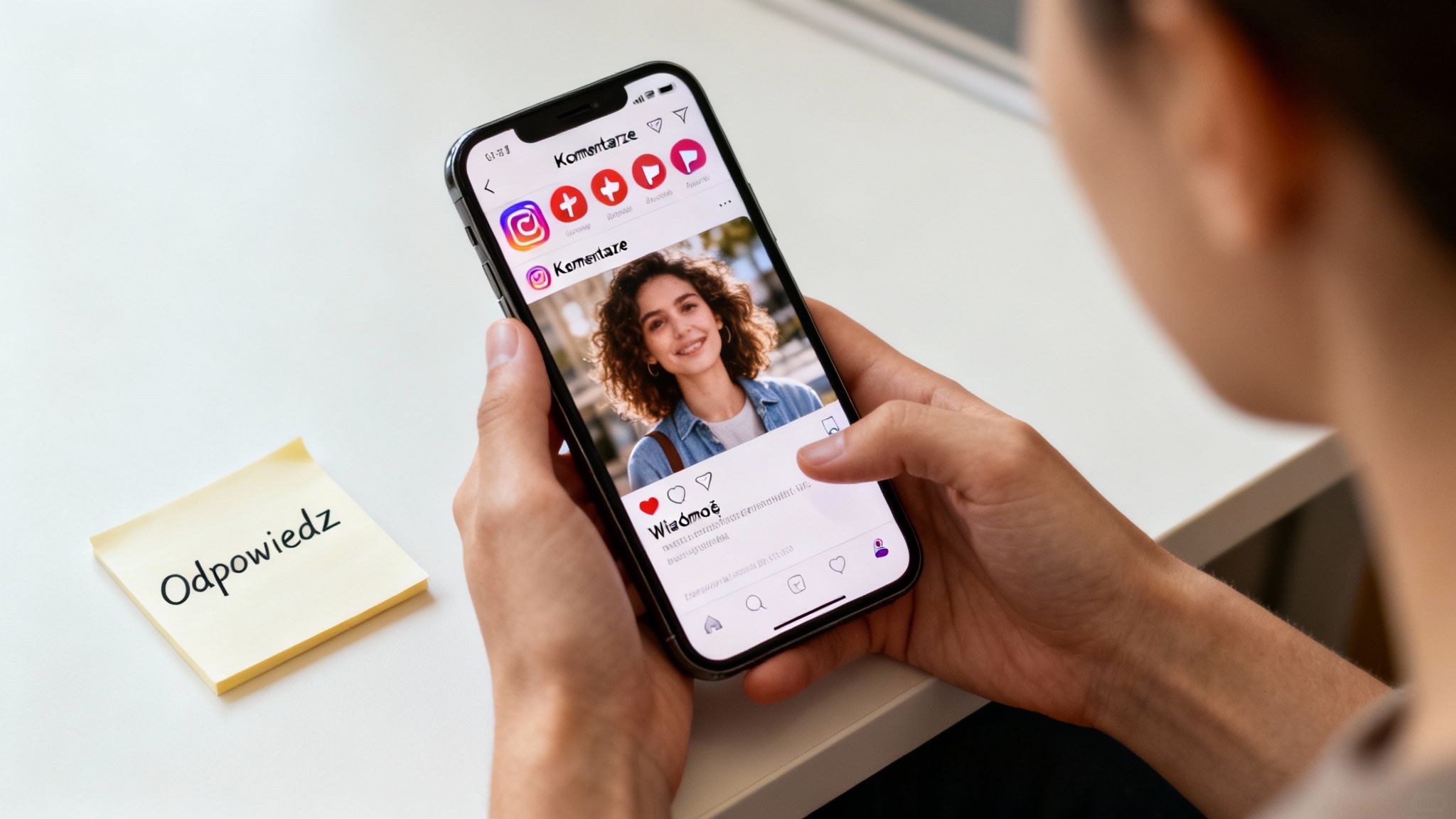 Osoba trzymająca smartfon z otwartą aplikacją mediów społecznościowych, wyświetlającą zdjęcie uśmiechniętej kobiety i polskie napisy. Obok leży żółta karteczka z napisem „Odpowiedź”.