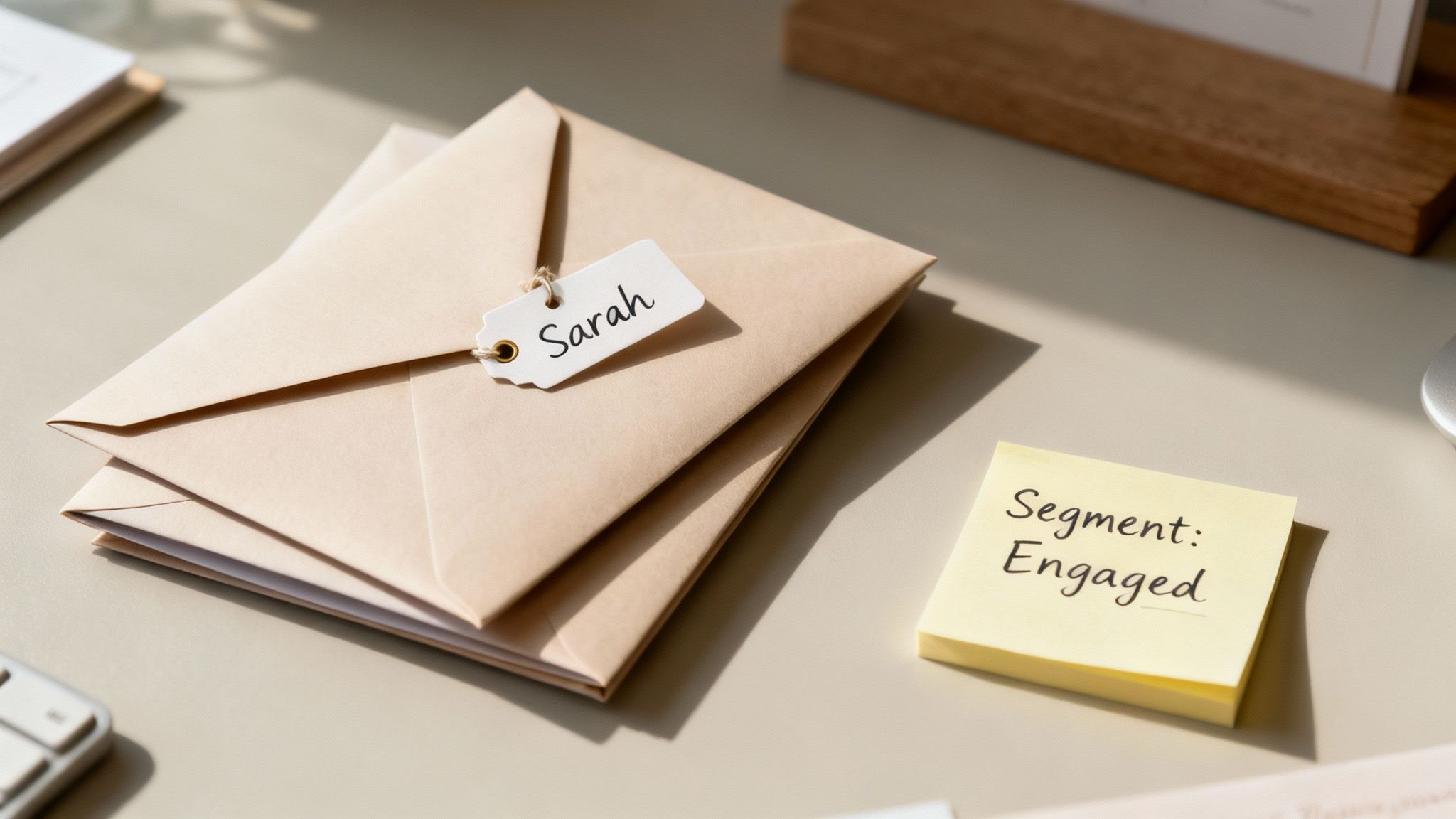 Two personalized envelopes for Sarah and a sticky note indicating 'Segment: Engaged' on a desk.