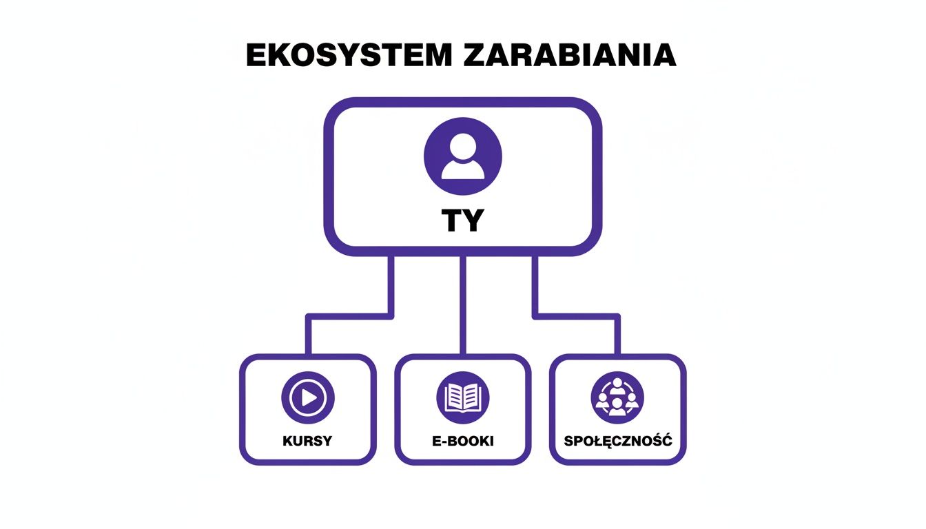 Diagram przedstawiający ekosystem zarabiania online, z Tobą w centrum, połączonym z kursami, e-bookami i społecznością.