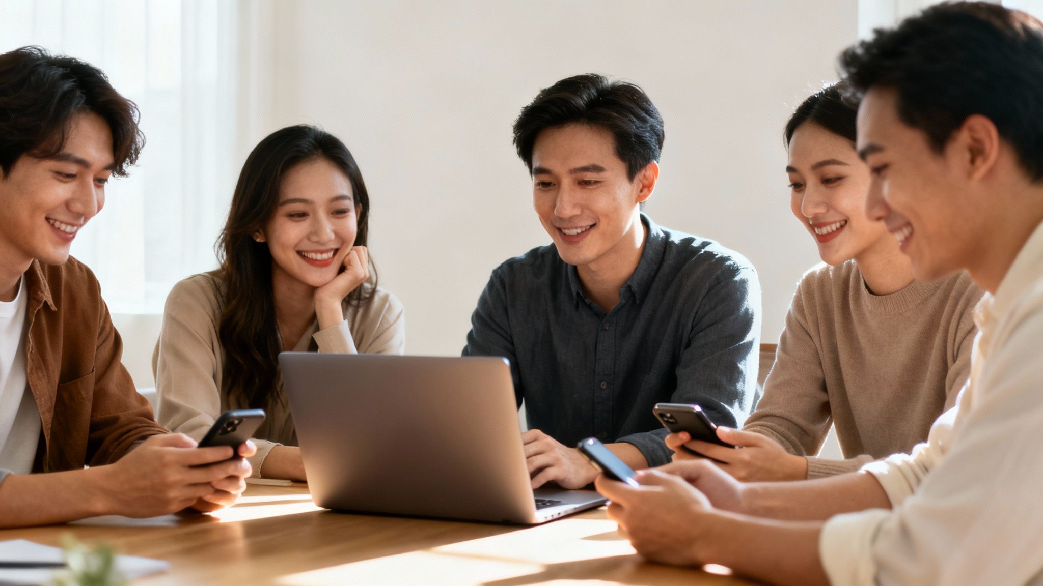 Five smiling young Asian adults engaging with a laptop and smartphones at a table.