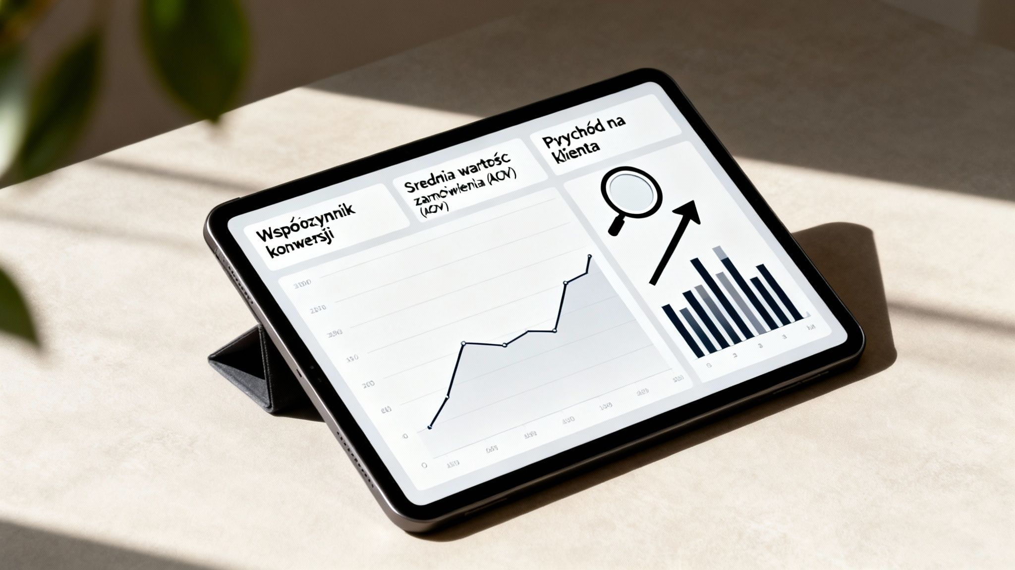 Tablet wyświetlający wykresy analizy danych biznesowych: współczynnik konwersji, AOV i przychód na klienta, leżący na stole.