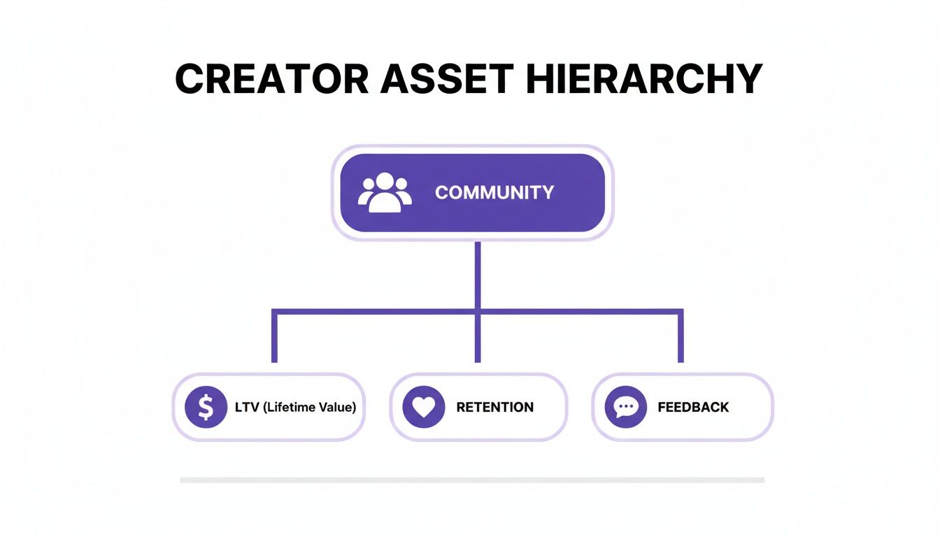 A diagram illustrating the Creator Asset Hierarchy, with Community as the primary asset leading to LTV, Retention, and Feedback.