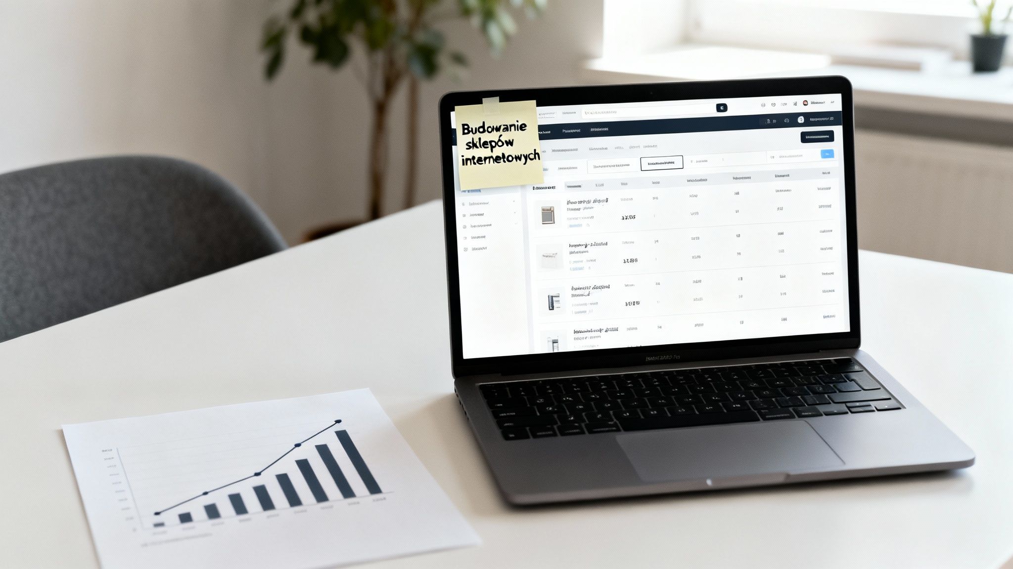 Laptop z notatką 'Budowanie sklepów internetowych' na biurku, obok wykres finansowy.