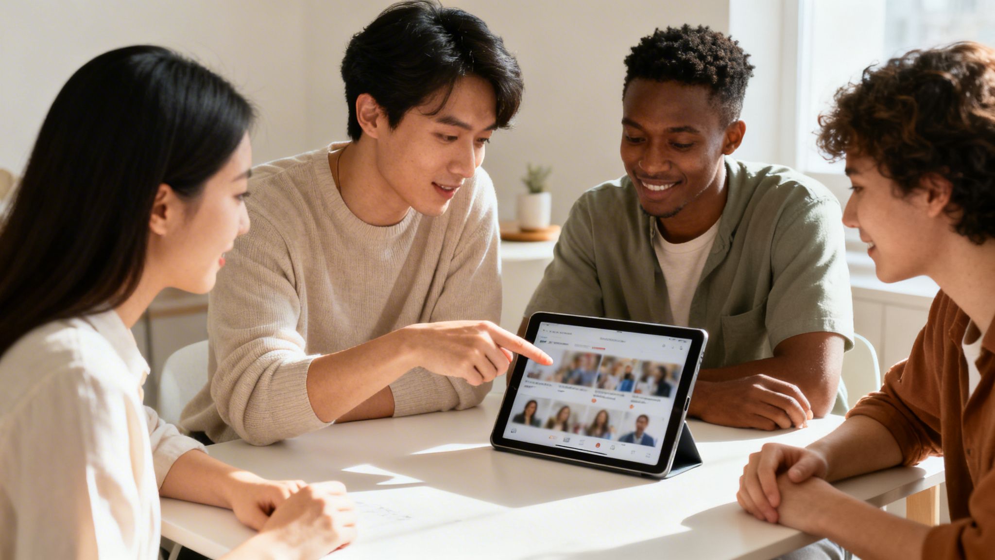 Cztery młode osoby siedzące przy stole, wspólnie oglądające treści na tablecie, jedna osoba wskazuje palcem na ekran.
