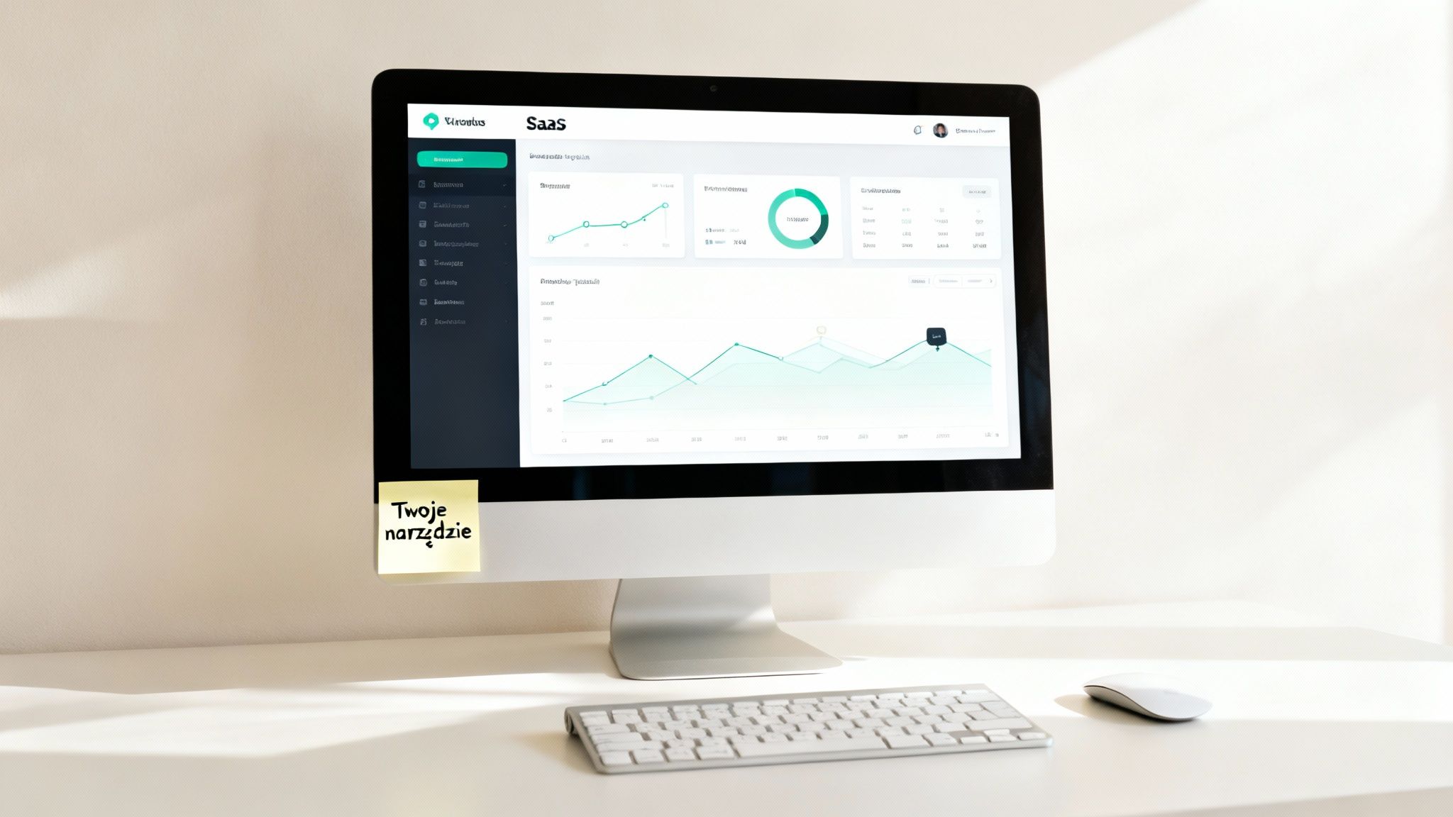 Monitor wyświetla panel SaaS z wykresami i danymi. Na nim karteczka "Twoje narzędzie", obok klawiatura i mysz na białym biurku.