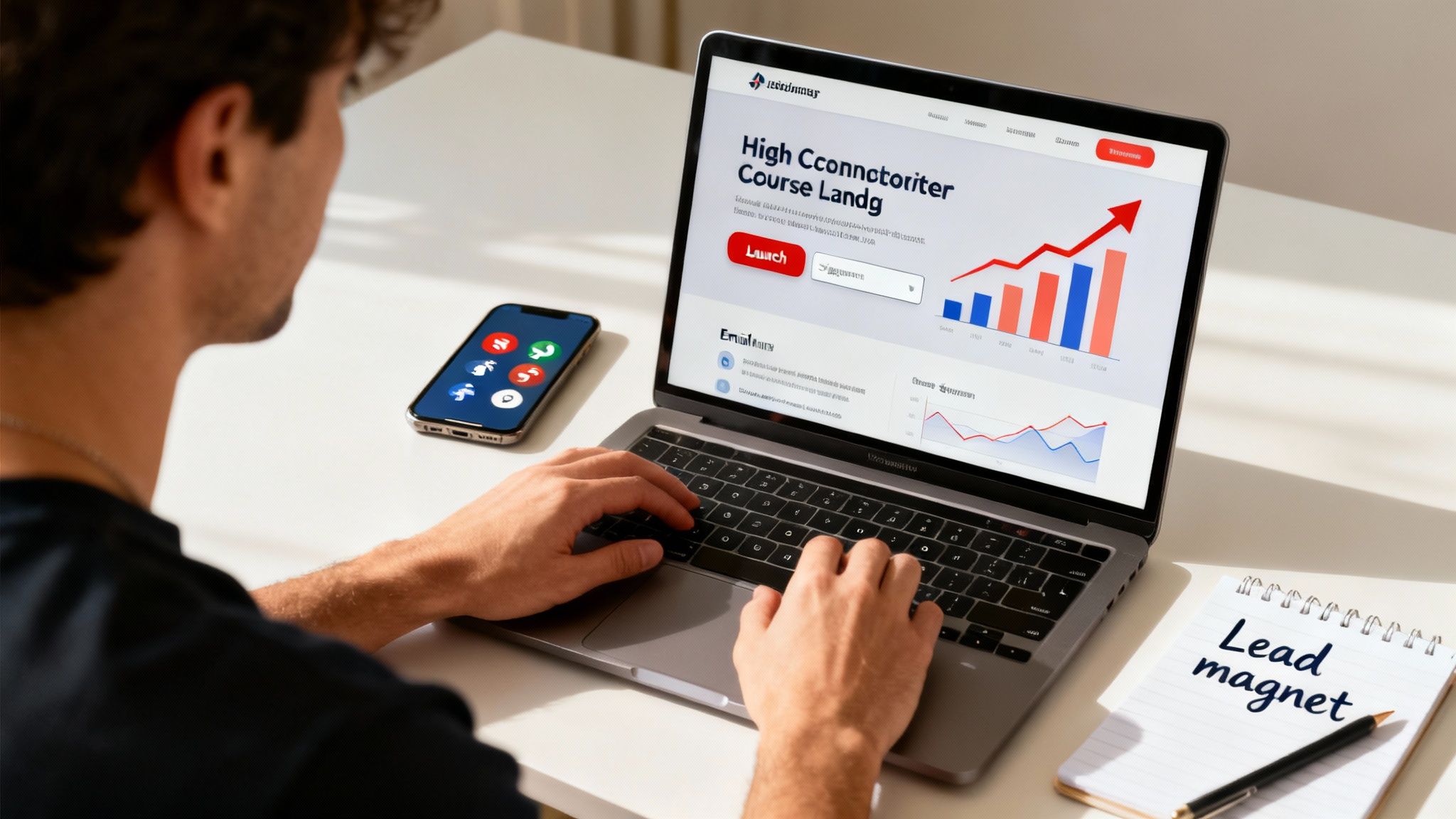 A person works on a laptop displaying an online course platform, next to a phone and 'Lead magnet' notes.