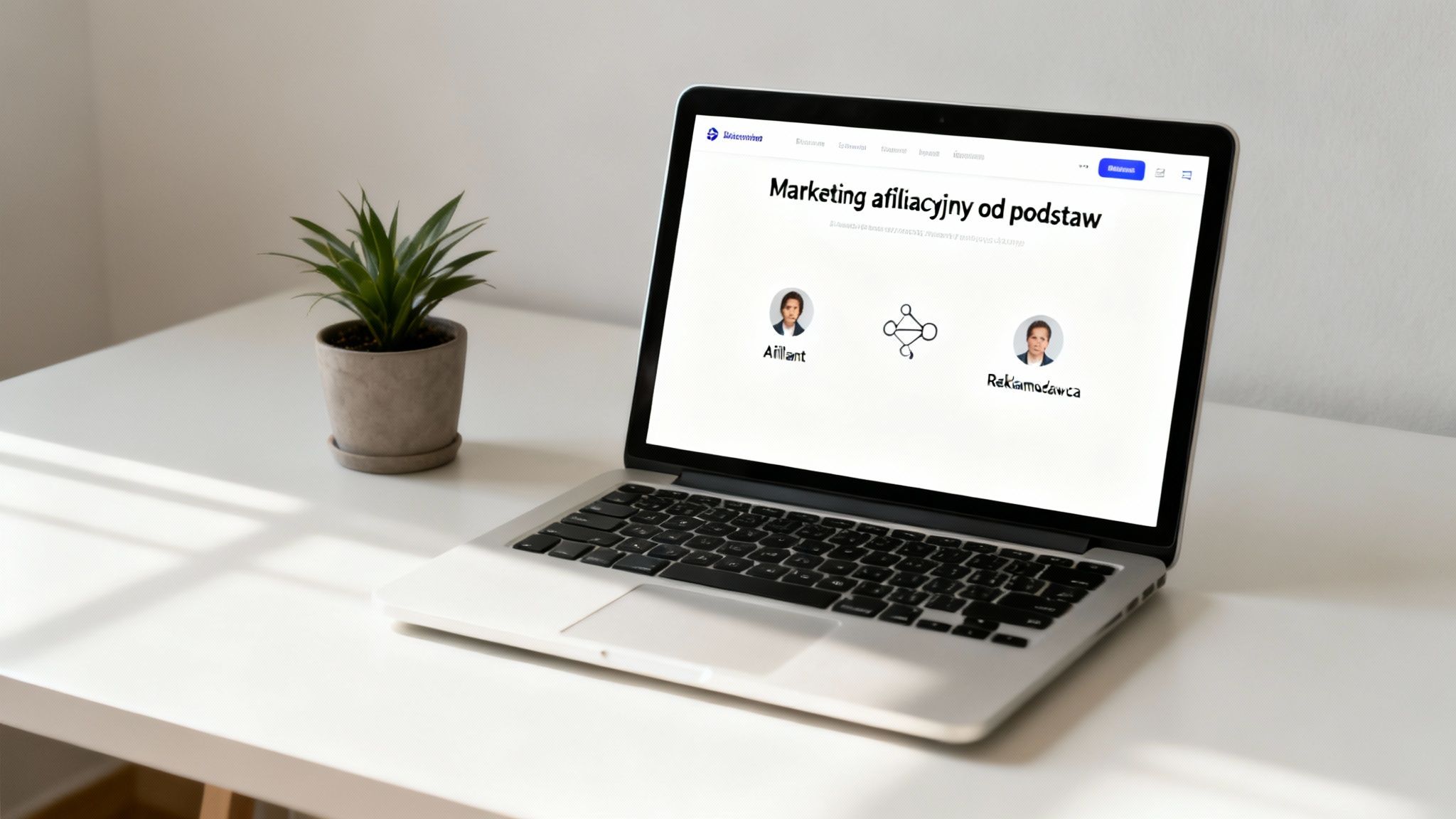 Laptop na białym biurku z otwartą stroną o marketingu afiliacyjnym i doniczką z rośliną.