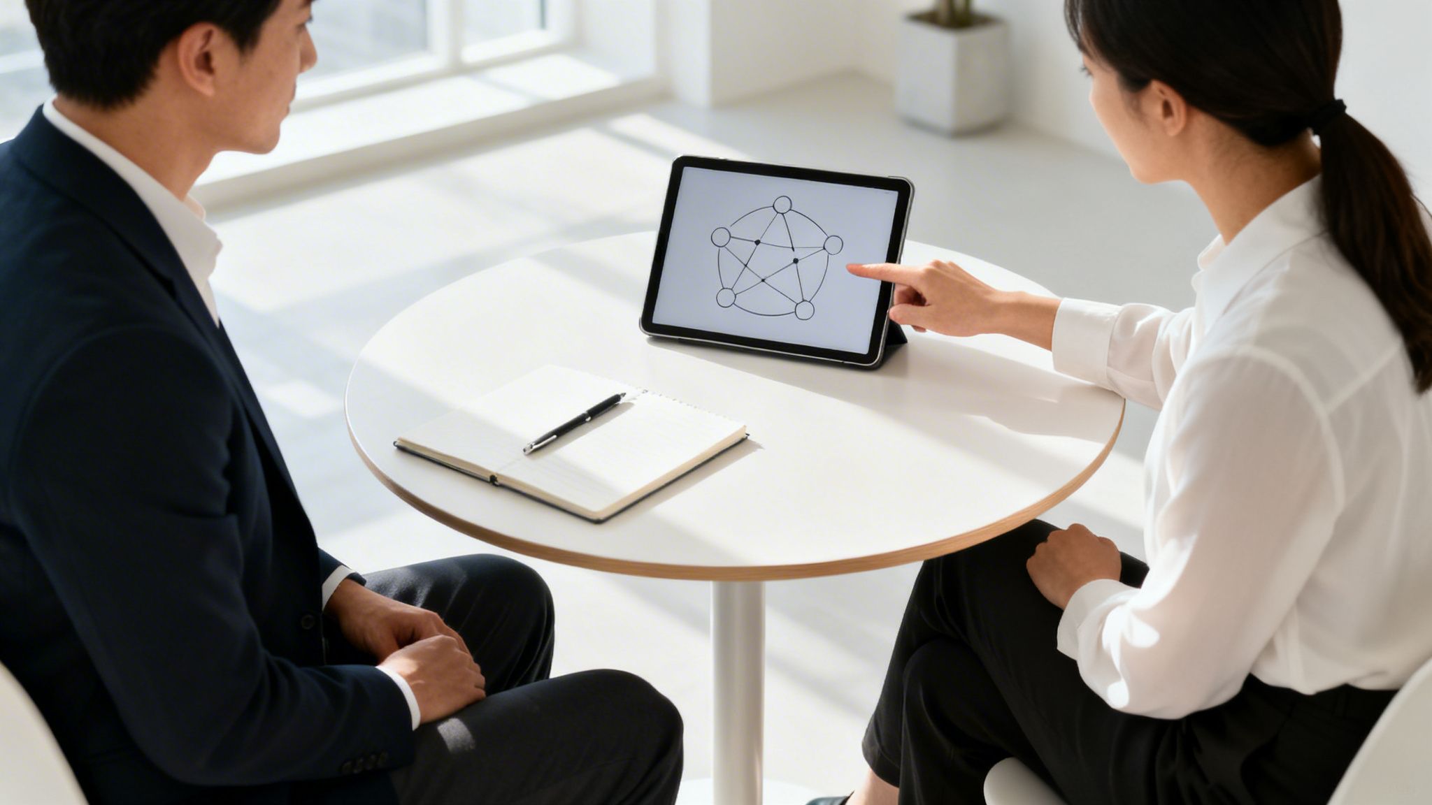 Kobieta wskazuje diagram na tablecie podczas spotkania biznesowego z mężczyzną w nowoczesnym biurze.